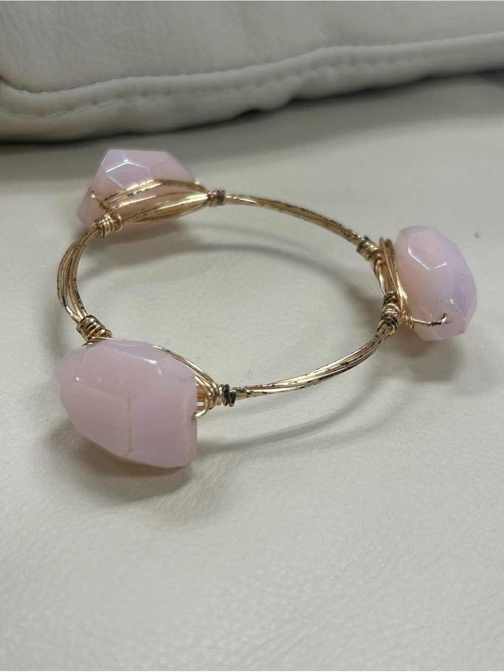 Pink Quartz Crystal Gold Copper Wire Bangle Bracelet